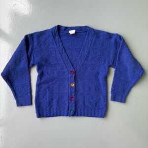 Women’s Vintage Blue Textured Cardigan with Multicolor Buttons